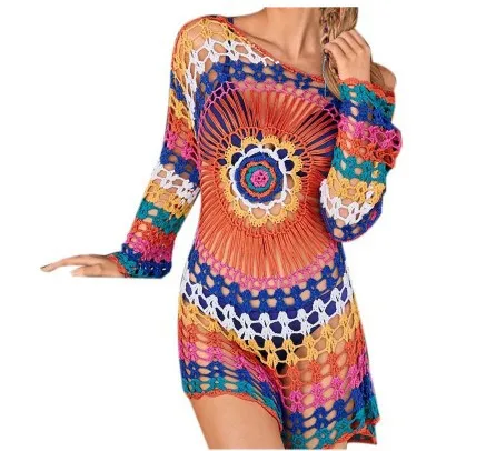 Rainbow Knitted Crochet Beach Cover Up Shirt Top Women Long Sleeve Hollow Out Bikini Bathing Suit Cover Ups for Woman