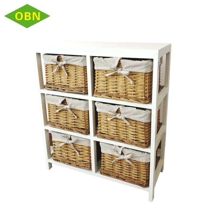 Customized Home multipurpose sundries file storage modern handmade 3 layers vintage wooden cabinet with 6 small wicker drawers