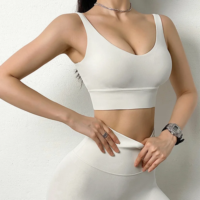 Basic Women Sport Underwear Bra Deep V Removable Padded Yoga Bra Solid Wide Shoulder Belt Fitness Crop Tops