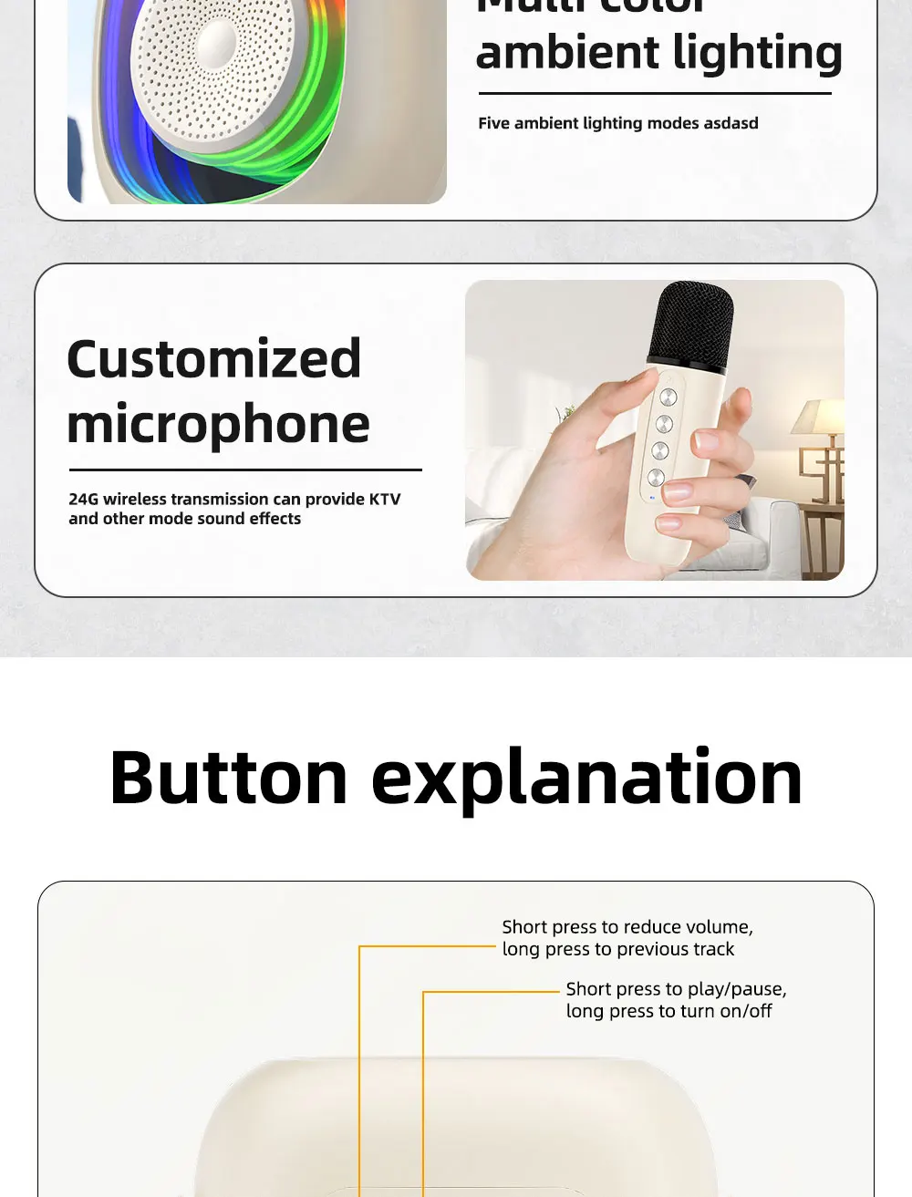 Wireless Microphone Portable Speaker UHF Factory Direct Sales In Stock with Wireless Microphone with LED Ambience Light