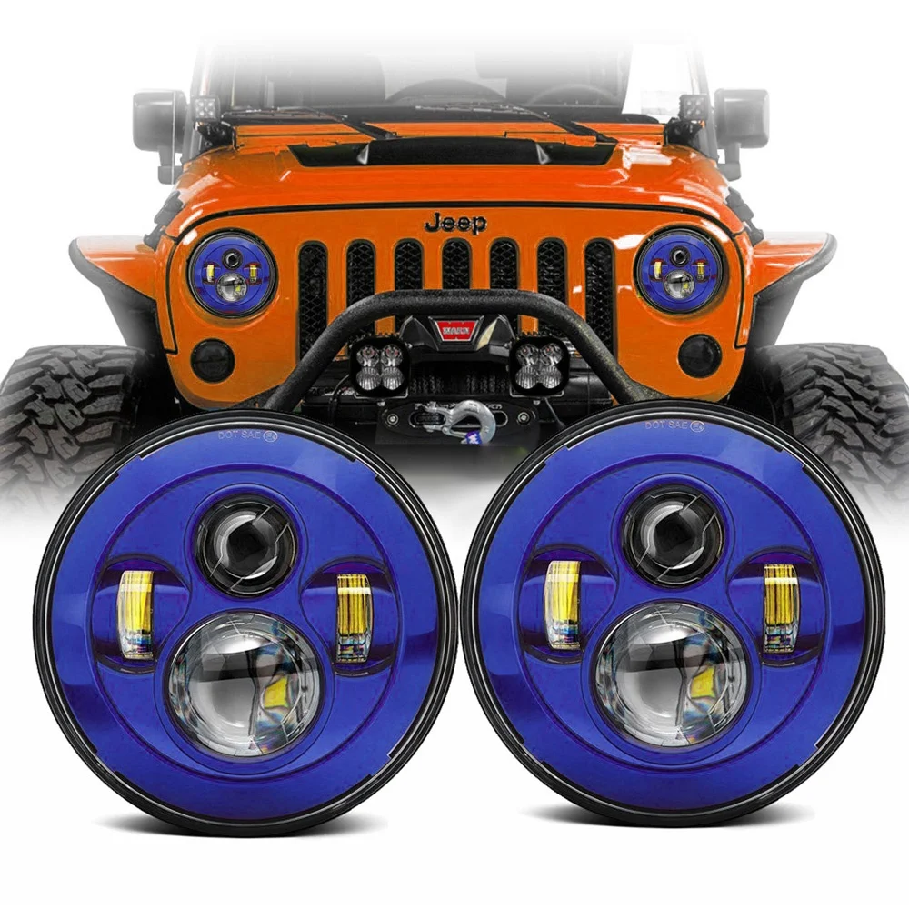 1Pair Blue 7 Inch Round LED Spotlight Headlamp Compatible For Jeep Wrangler JK JKU TJ Land Rover