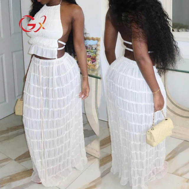 GX005 Fashion Sexy Outfit 2024 Summer Elegant Street Wear Women Halter Backless Lace Top and Maxi Long Cake Skirt 2 Piece Set