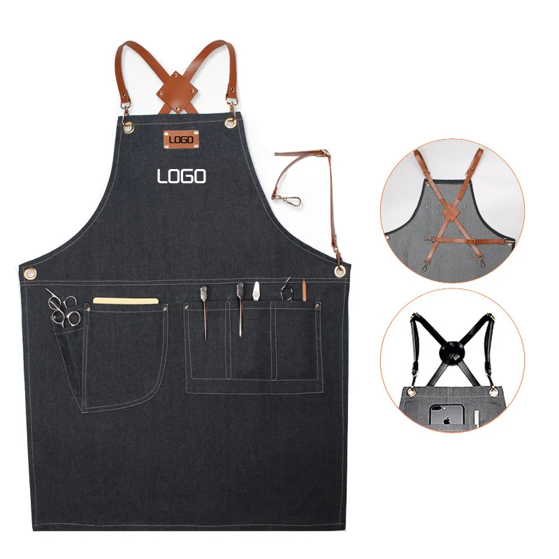 Cafe restaurant work strap denim apron custom logo tool bbq apron