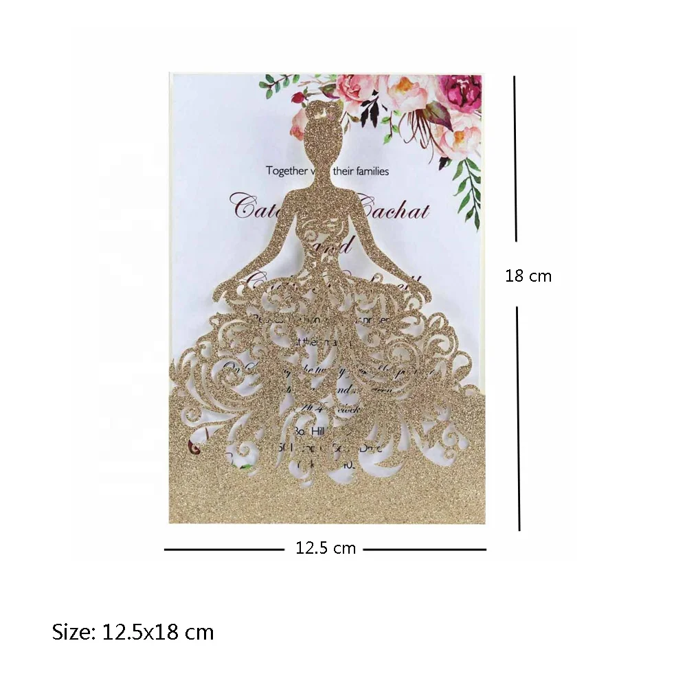 Custom Glitter Laser Cut Luxury Bride Wedding Invitations with Ribbon and Envelopes Greeting Card Set