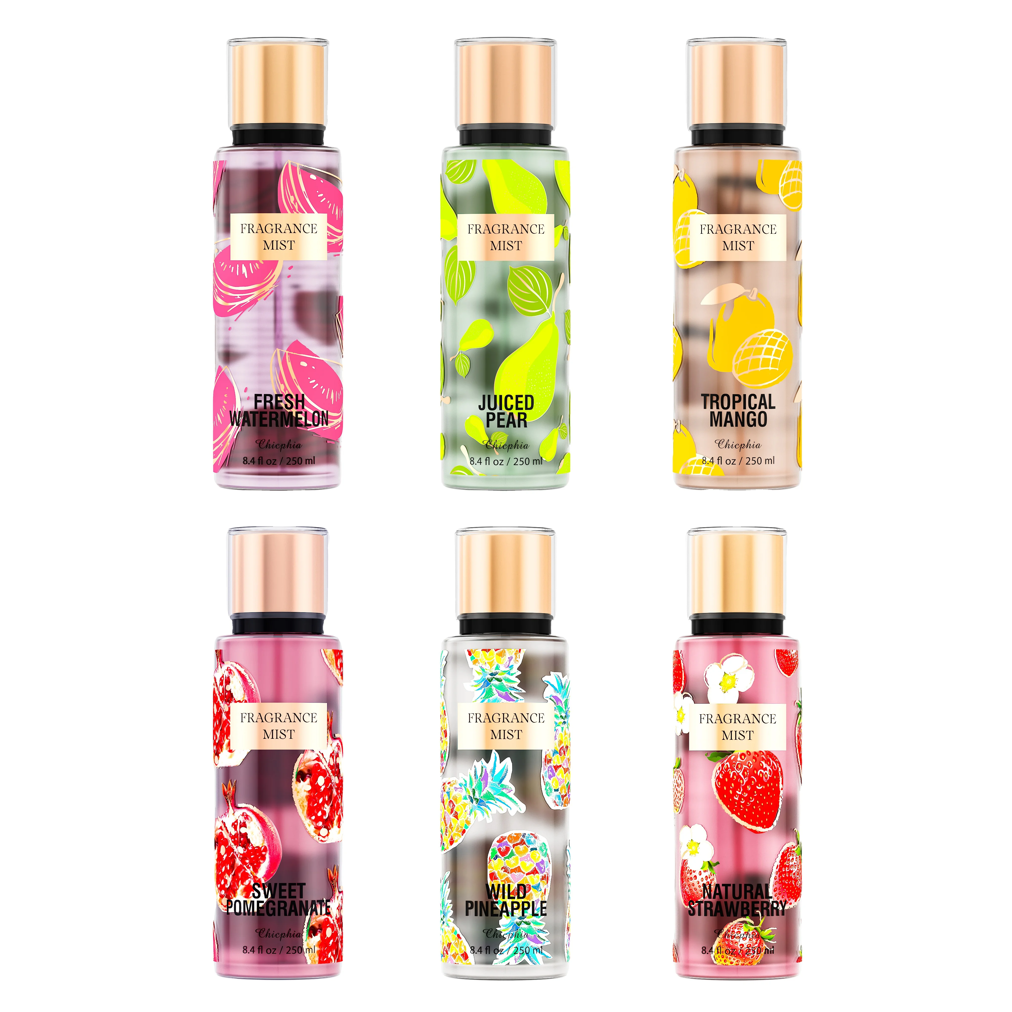 Chicphia Hot Selling Six Smell Body Mist for Women 250ml Long-Lasting Fresh Floral Fragrance Spray BS301