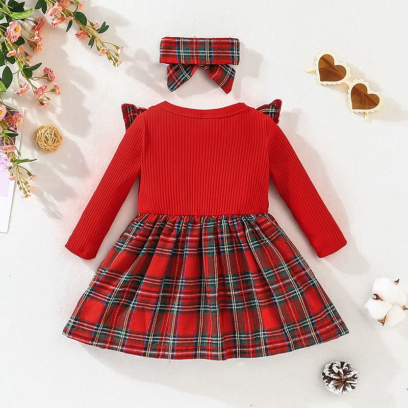 Baby Girls Dresses Christmas Clothes Plaid Patchwork Crew Neck Long Sleeve Dress Fall Casual Princess Dress with Headband