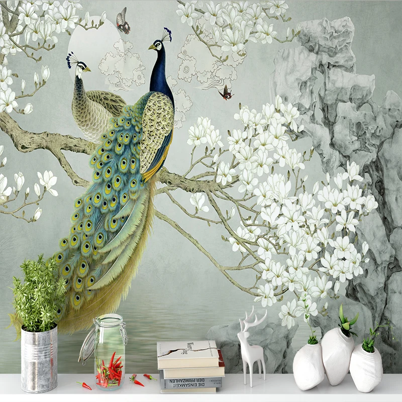 Chinese Painting Style 3d Wallpaper Green Peacock Wallpapers/wall Coating