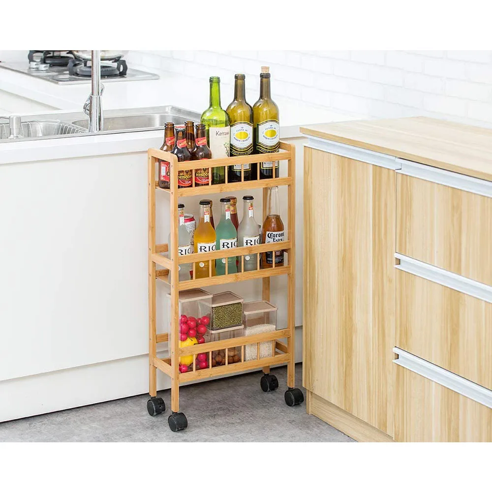 wooden 3-Tier Kitchen Removable Storage Cart Trolley Slim Slide Out Rolling