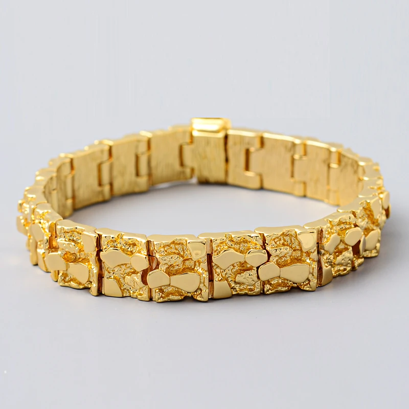 Mens Rugged Nugget Link Bracelet 18k Gold Plated Jewelry Watchband Bracelet