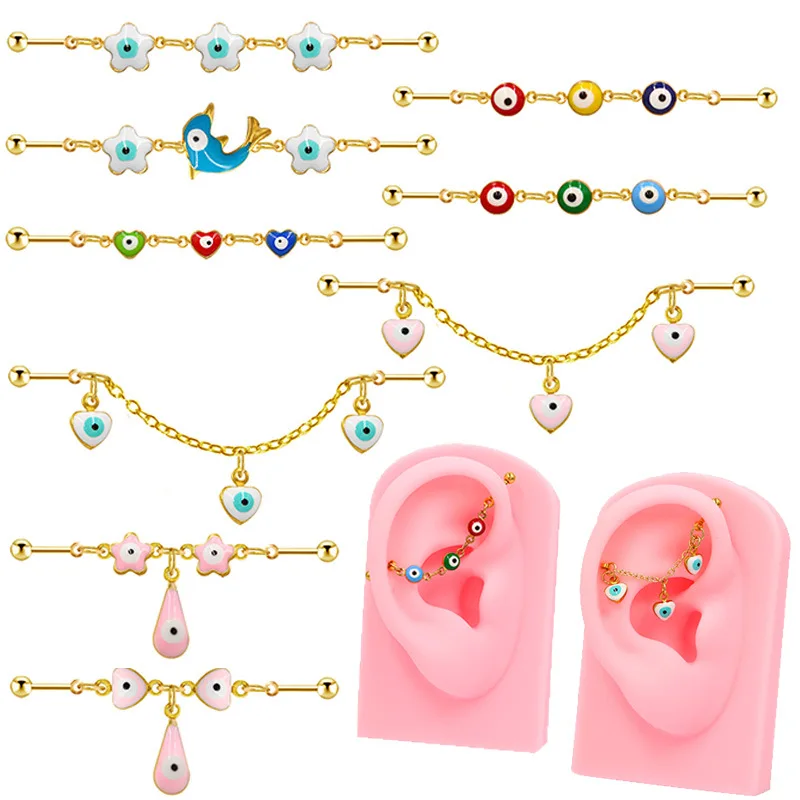 NUORO Stainless Steel Evil Eye Industrial Barbell Earrings Colorful Heart Flower Eye Charm Long Bar Industrial Earrings