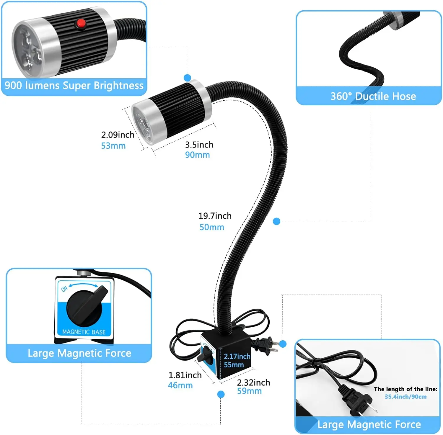 Magnetic Work Light,Flexible Gooseneck LED Lamp with Strong Magnetic Base,Magnetic LED Light for Lathe CNC Mill,Industrial Light