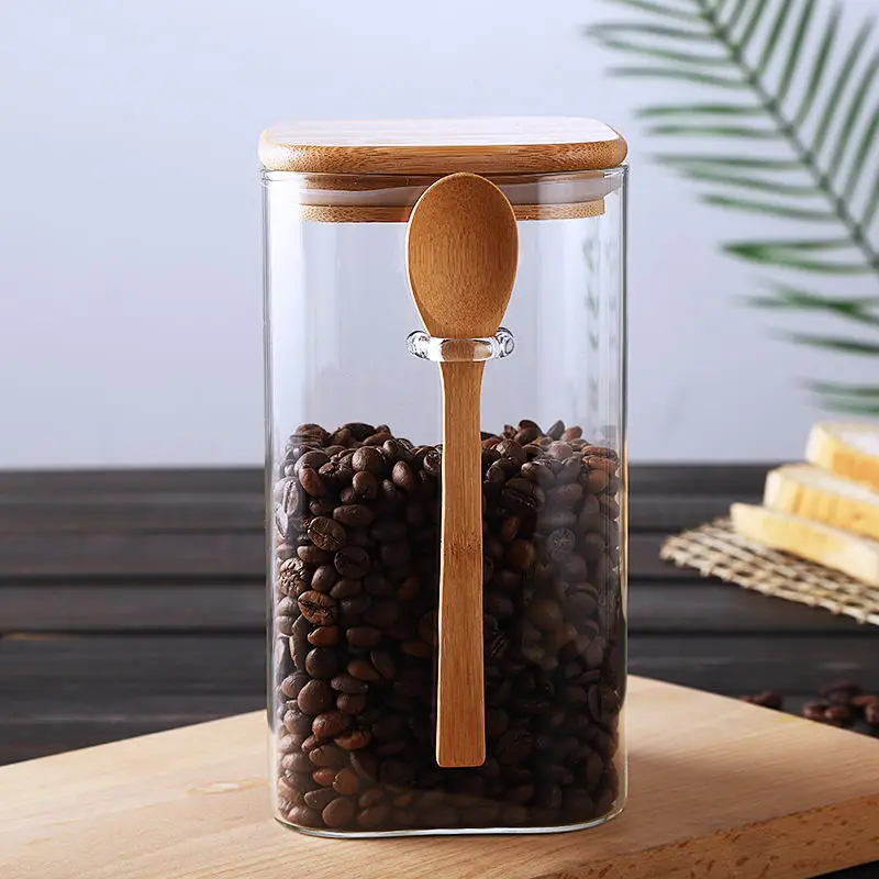 Borosilicate large square food spice glass jar set with spoon