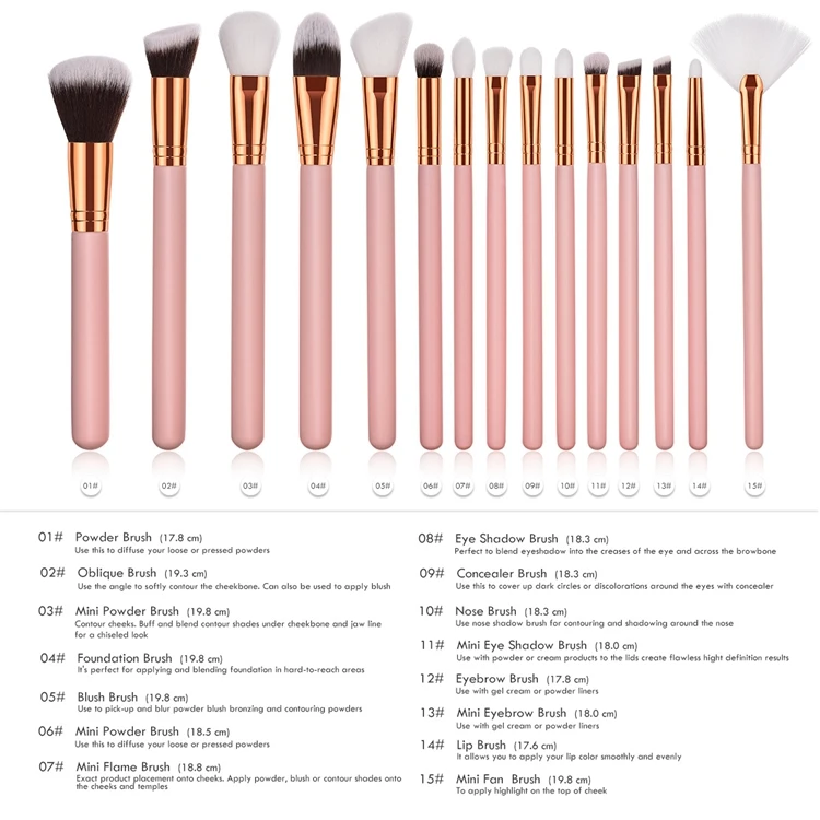 
Manufacturers China Hot Sell Pink Cosmetics Make Up Brushes 15 PCS Professional Pink Vegan Makeup Brushes Powder Eye Brush Set 