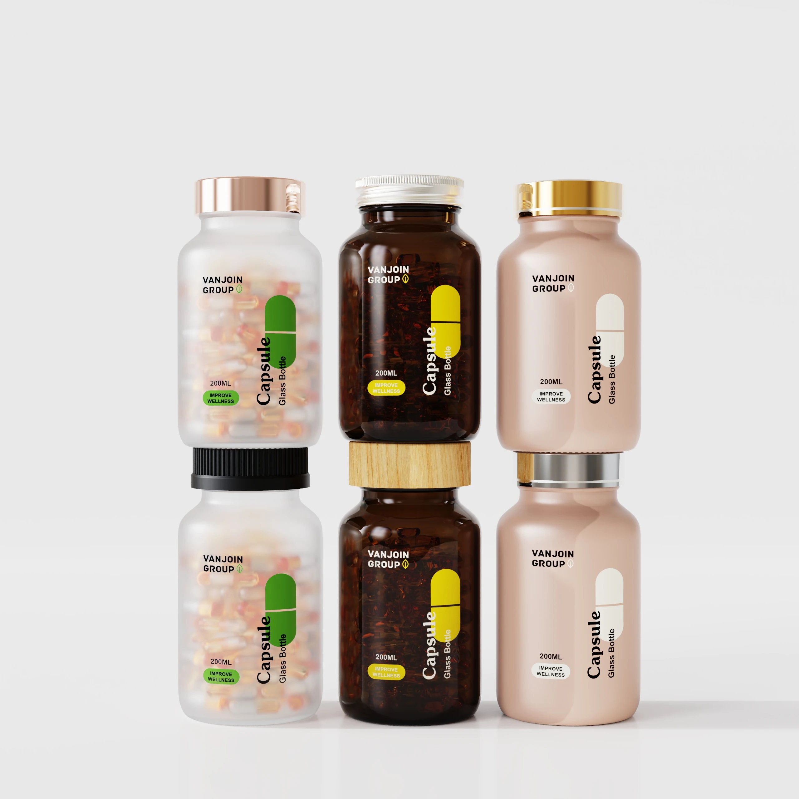 100ml 150ml 200ml 250ml Custom Clear Frosted Pharmaceutical Capsule Medicine Pill Empty Glass Bottles With Wood Lid and Seal