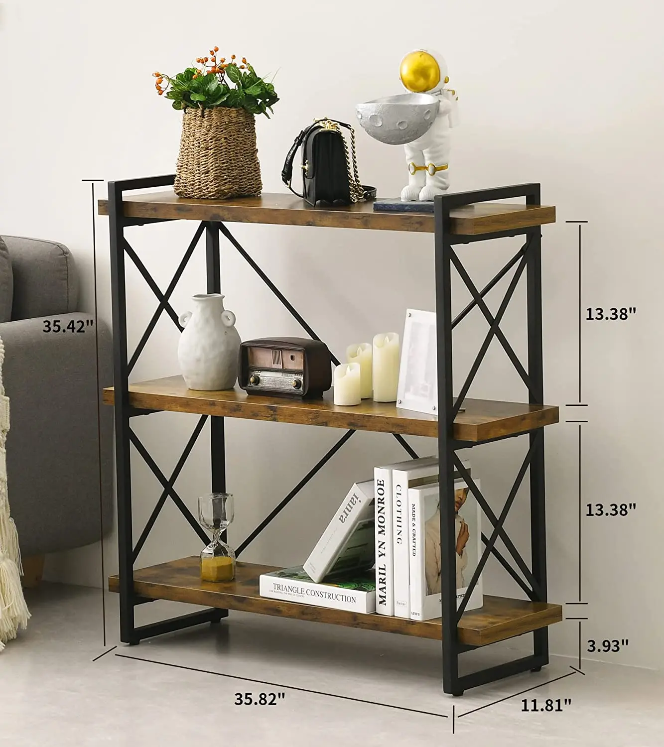Modern furniture 3 Layers Metal Bookcases Rustic Industrial Bookshelf Ladder Book Shelf Wooden For Living Room