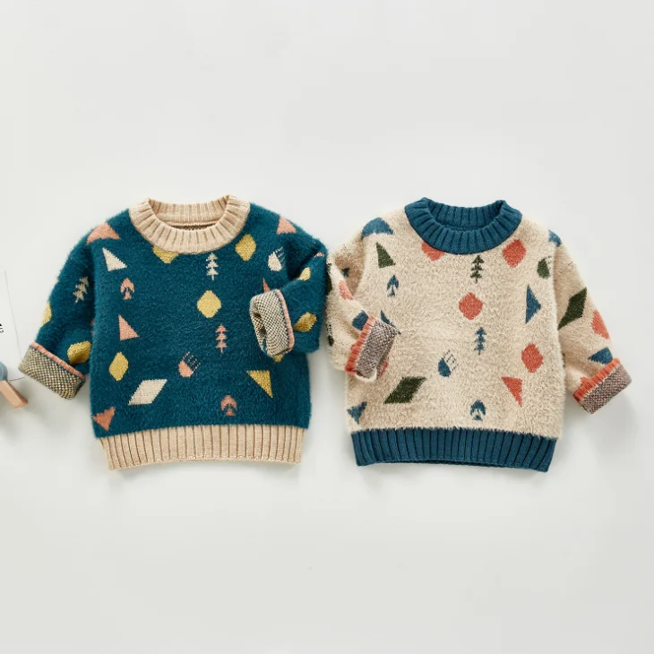 
YY10282A Geometric pattern boys and girls sweaters autumn and winter Fleece Pullover knitwear for baby 