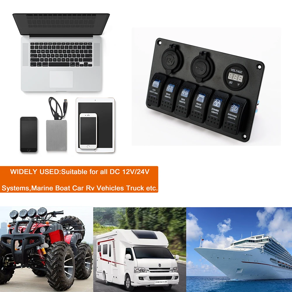 Кулисный Переключатель Amomd 12 В DC для кабины круизера, мотоцикла, панельный переключатель, 6 клавиш, двойной USB автомобильный вольтметр, розетка питания, заправка автомобиля