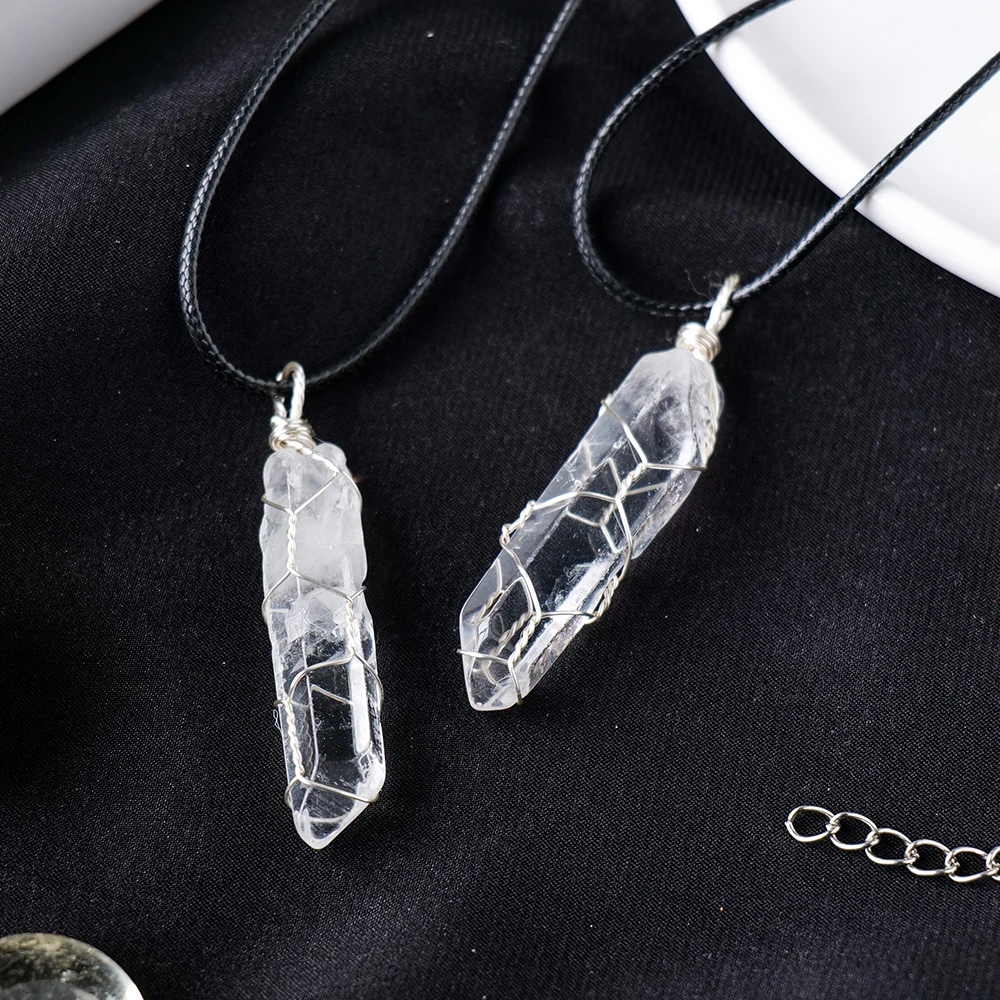 Wholesale Natural White Crystal Crafts Hexagon Column Wrapped Silk Thread Pendant Single Crystal Raw Stone for Decorative Gifts