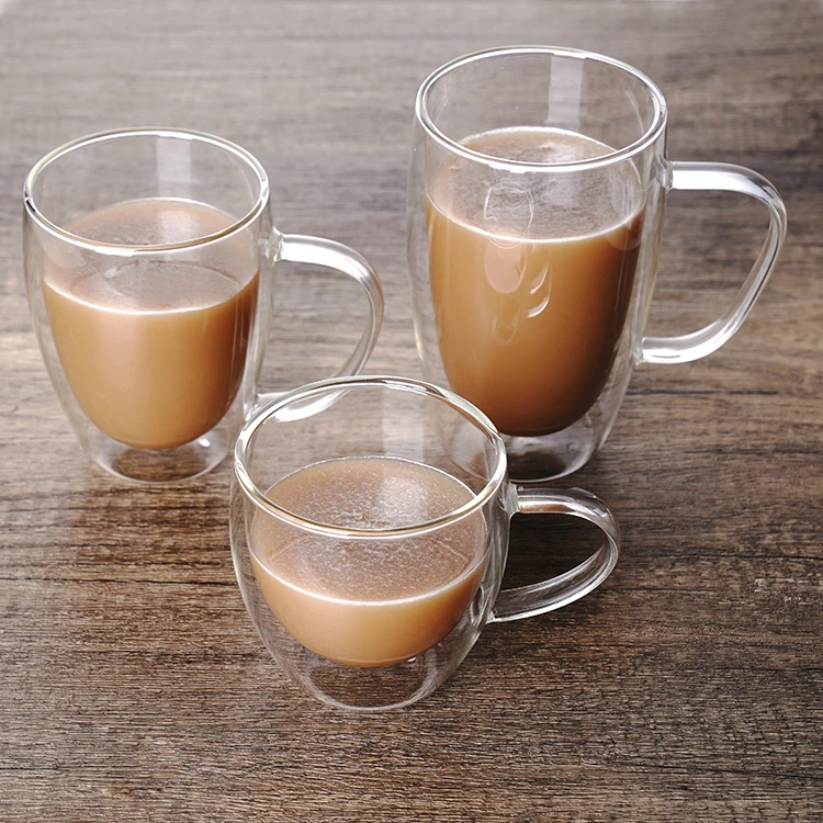 150ml 250ml 350ml 450ml Reusable Borosilicate Double Wall Glass Cup with Handle