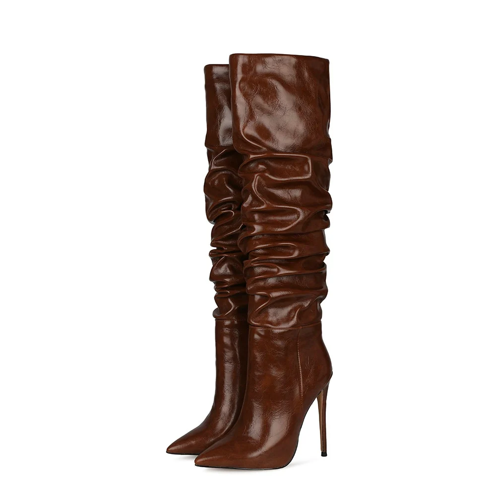 Hot Selling Sexy Stiletto High Heels Winter Women Slouch Boots Soft Black PU leather Ladies Pull-on Tube Thigh High Boots