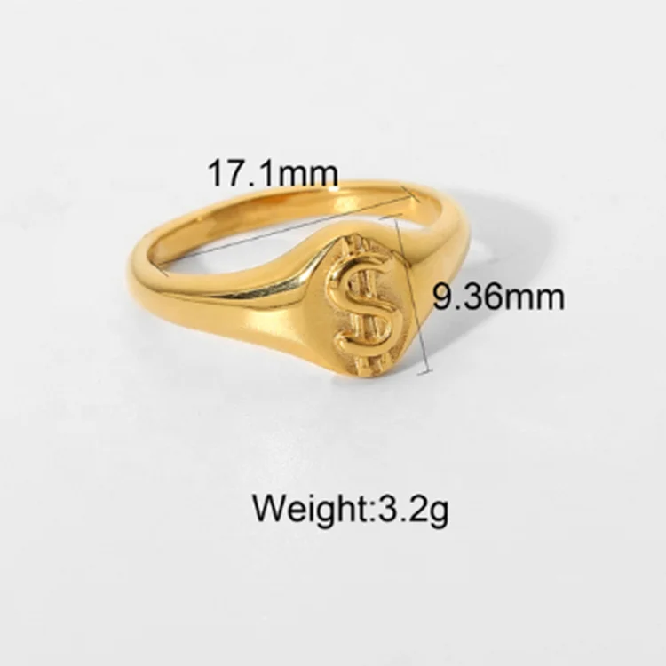 Signet Oxidised Jewelry Rings Punk Hip Hop Style Rings Waterproof 18 Karat Gold Plated Jewellery Dollar Sign Stacking Ring