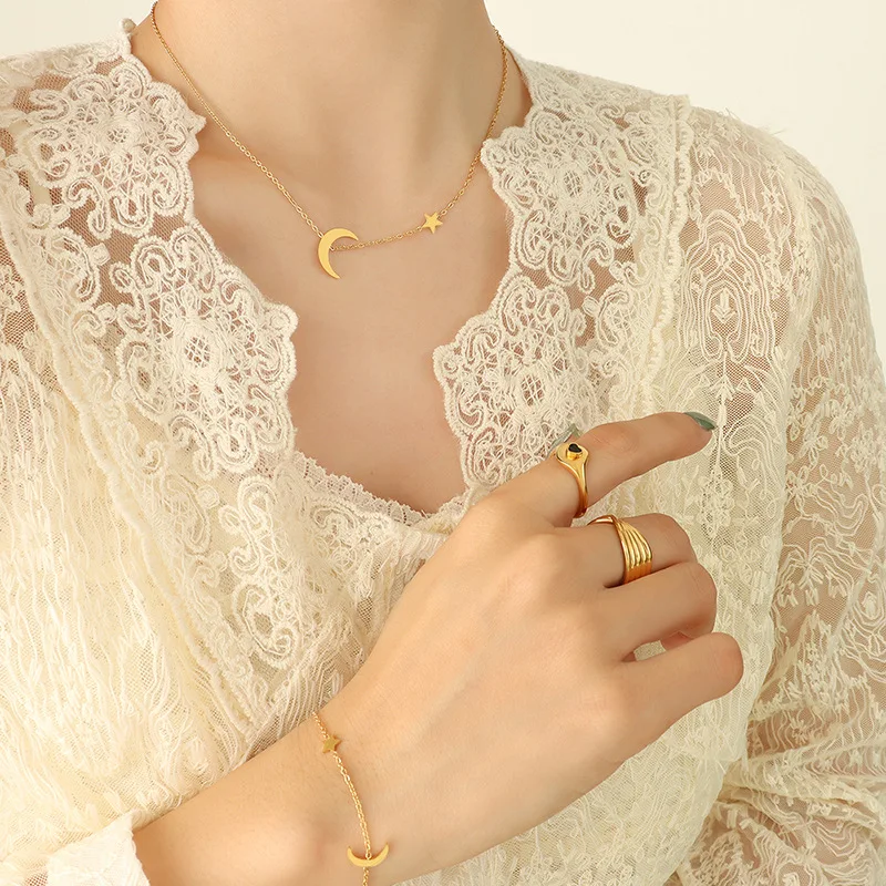 18K Gold Plated Stainless Steel Jewelry Set Star & Moon Charm Bracelets Necklace