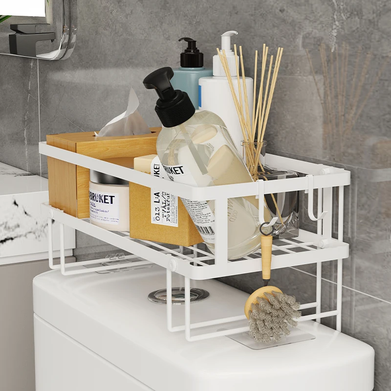 Hanging /Standing Over The Toilet Organizer Shelf 2 Layer Carbon Steel Corner Shelf Countertop With Hooks Bathroom Organizers