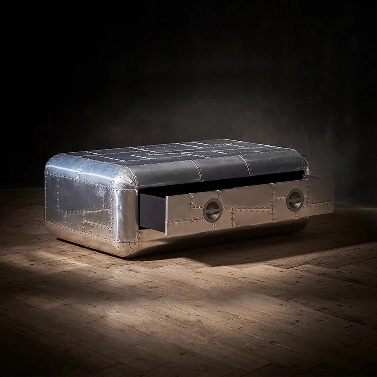 Defaico Retro Metal Aviator Coffee Table Aluminium Cuboid Sheet Side Cabinets Storage Cabinet Living Room