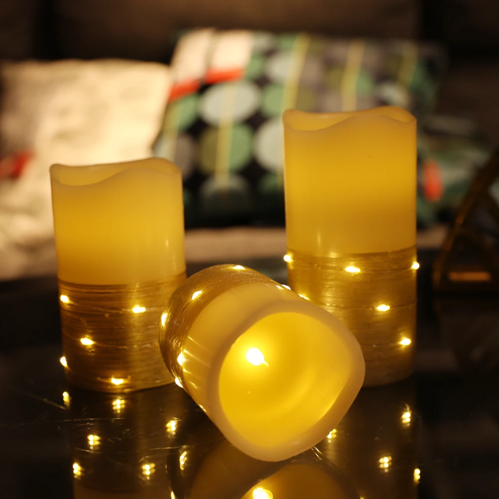 Set of 3 flameless battery operated flickering timer led paraffin wax candle