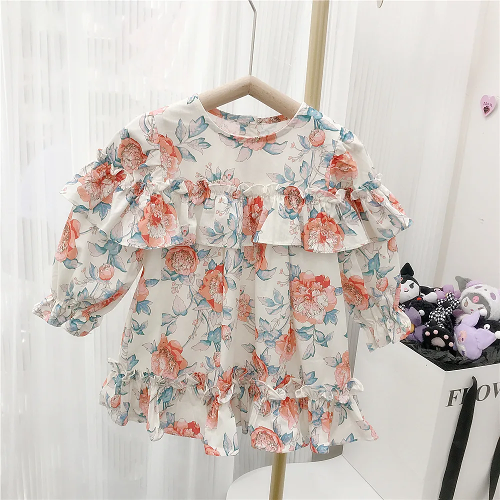 J03 autumn design toddler baby girls flower ruffles dress children kids long sleeve princess dress clothing wholesale