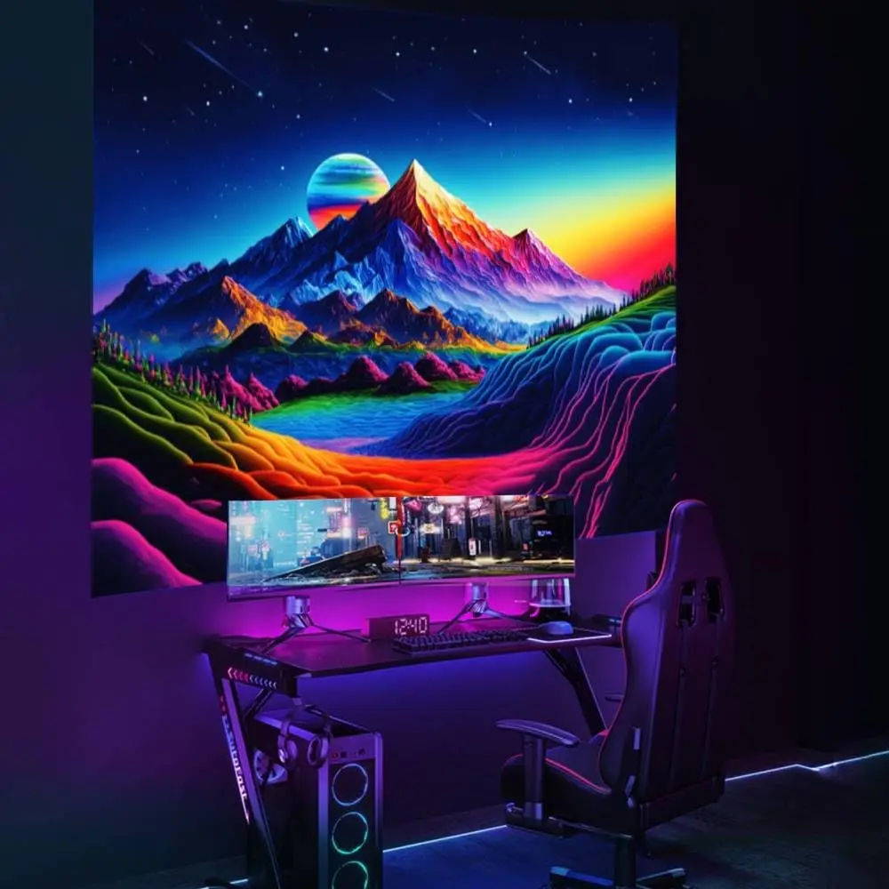 Custom Blacklight Posters Space Mountain Tapestry UV Reactive Sun Nature Forest Tapestries Wall Hanging for Living Room Dorm