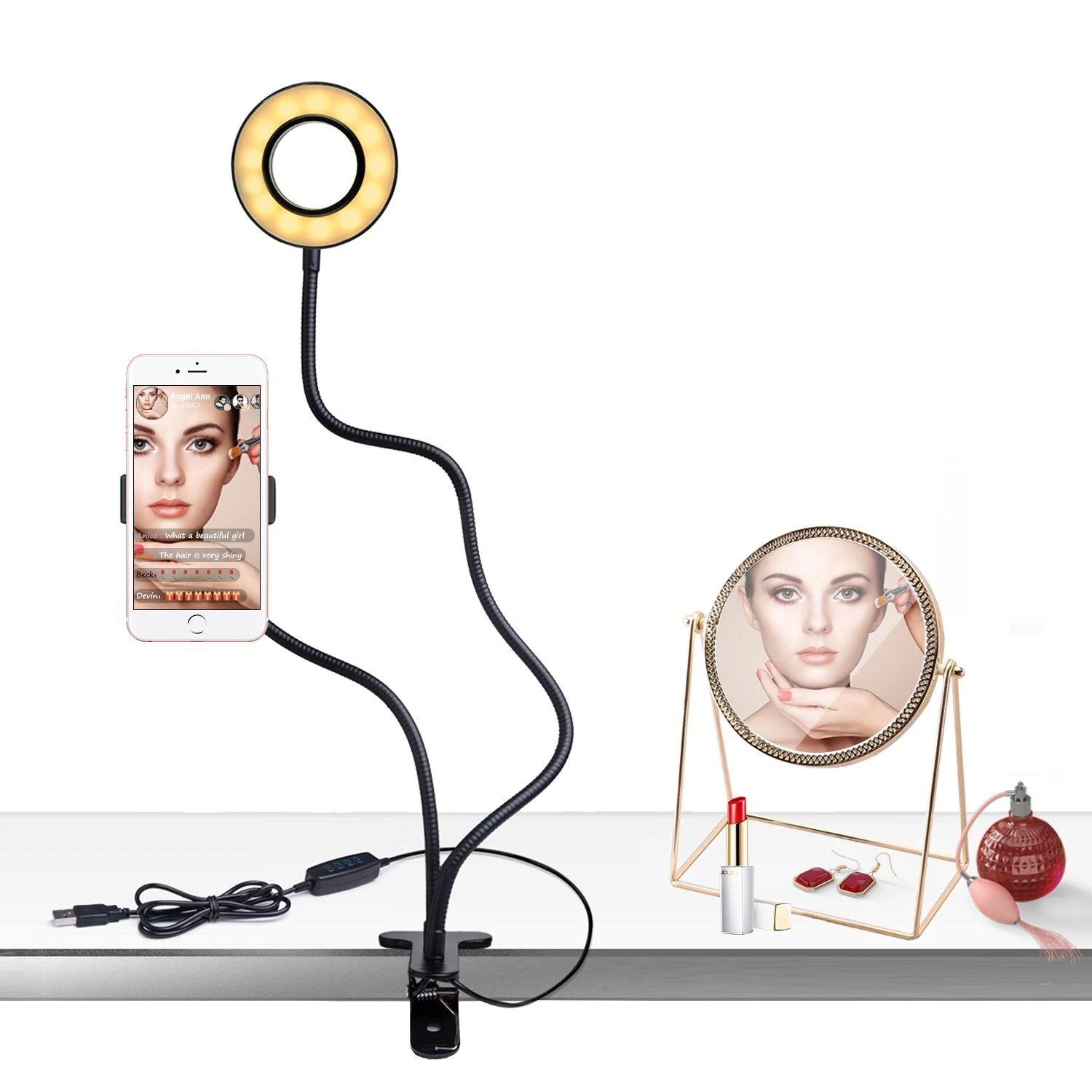 Светодиодный кольцевой светильник для макияжа, кольцевой светильник для селфи, 3 режима освещения, 10 уровней яркости, вращение на 360 градусов для iPhone и Android
