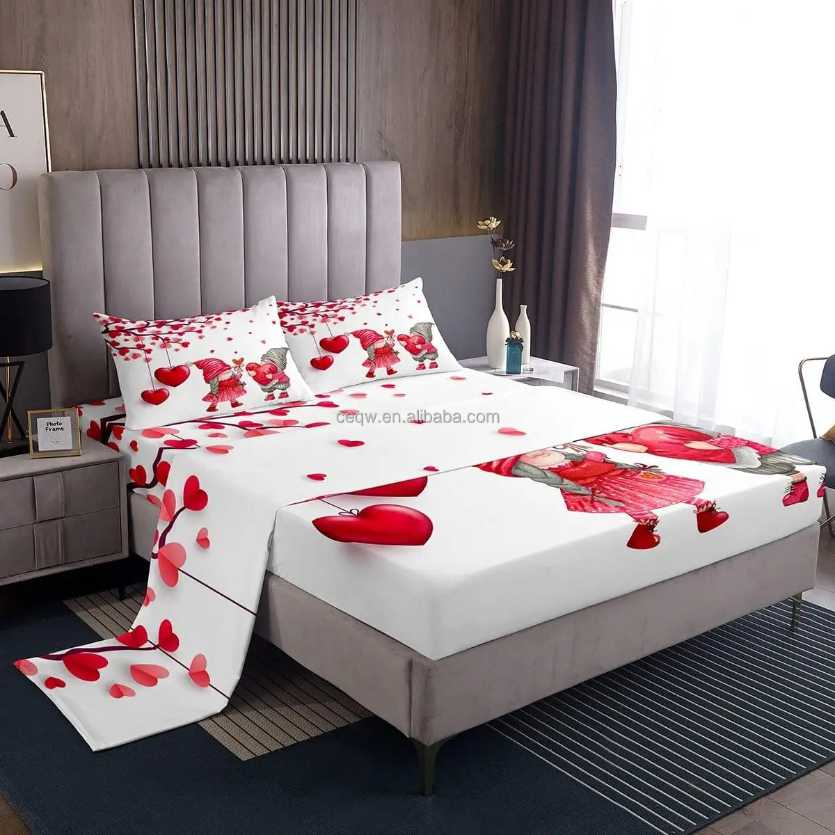 Valentine Day Bed Sheets Girls Red Heart-Shaped Romantic Fitted Sheet Girly Cute Heart Pattern Sheet Set For Child & Adult