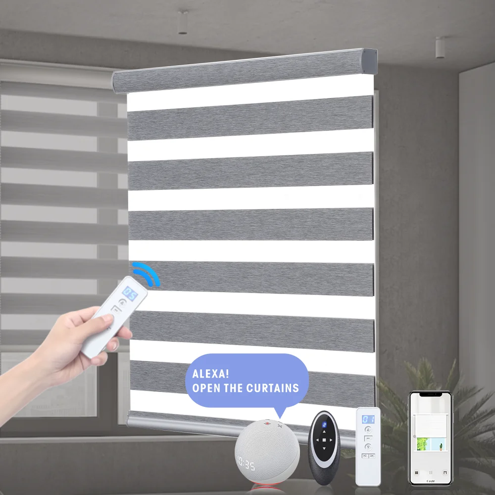 Automated Electric Window Zebra Blind Blackout Polyester Fiber Dual Day And Night Zebra Blind For Window