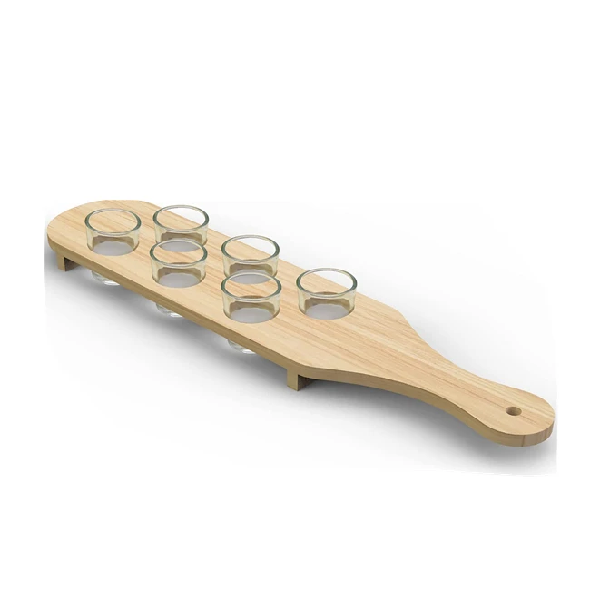 Custom Logo wine flight paddle board wooden beer caddy Whiskey shot glasses serving tray holder drink flight taster with holes