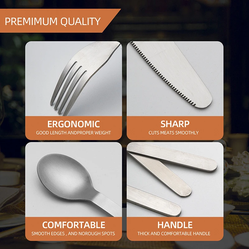 Outdoor Gift 3pcs Reusable Silverware Utensils Set 18/10 Stainless Steel Travel Flatware Camping Portable Cutlery Set with Case