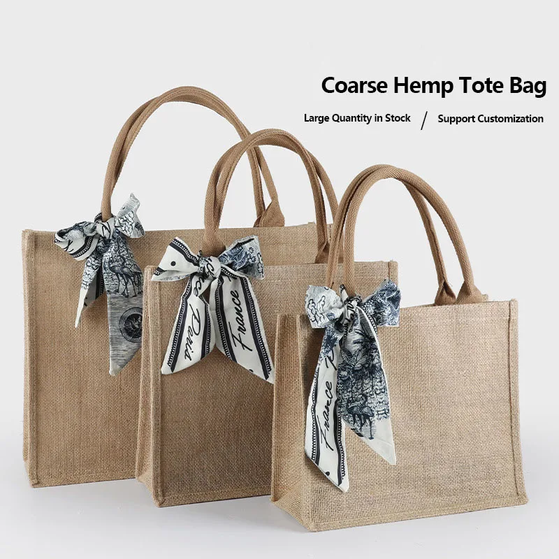 Large Capacity Shoulder Waterproof Beach Burlap Linen Custom Jute shopping Tote Bag with Print Logo