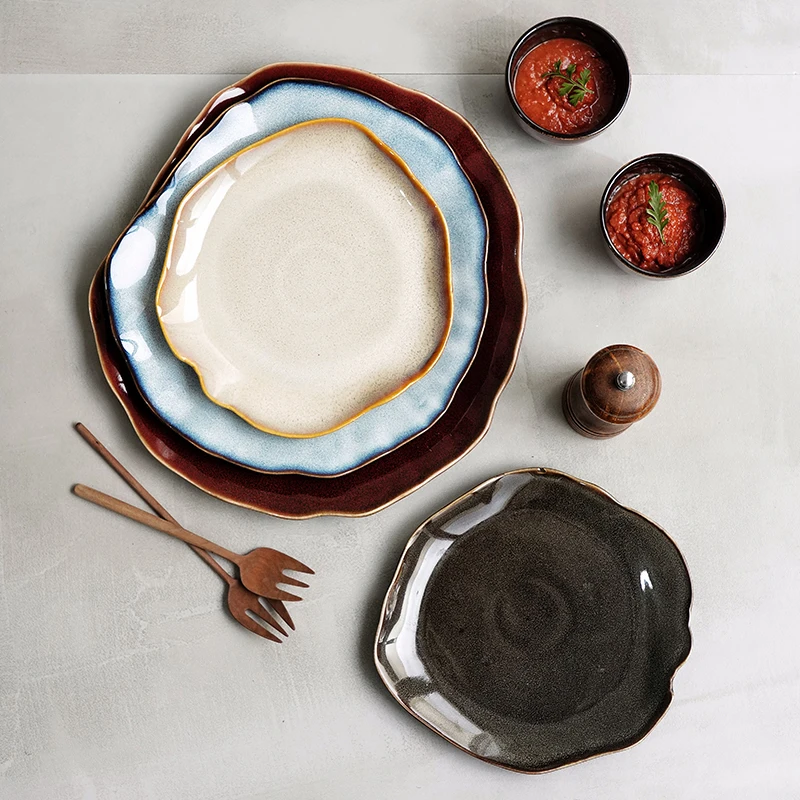 Handmade Rustic Glazed Ceramic Irregular Square Reactive Tableware Dishes Plates Restaurant Porcelain Dinner Food Serving Plates