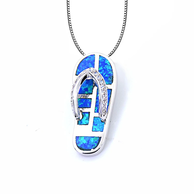 
Silver Cute Ocean Blue Opal stone Sandal Flip Flops Pendant Necklace wedding jewelry 
