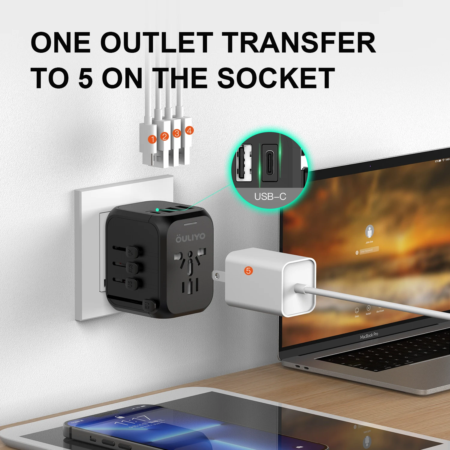 Универсальный дорожный адаптер OULIYO Международная настенная зарядка быстрое зарядное устройство 5A Европейское переменного тока с вилкой по всему миру