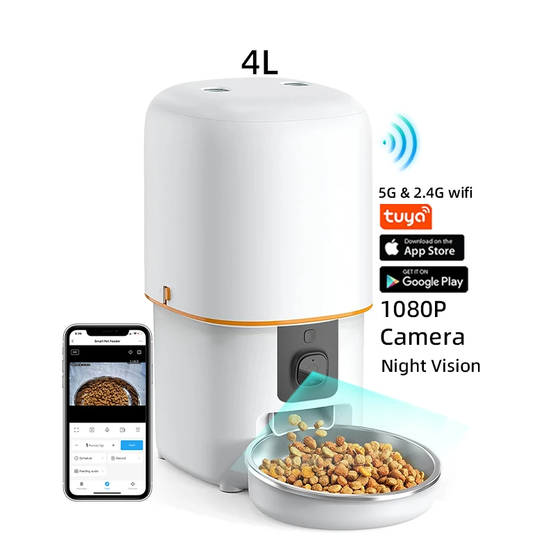 4L Automatic WIFI Pet Feeder With HD Camera 1080P Remote Timing Pet Food Dispenser with Stainless Steel Bowl OEM Factory Price
