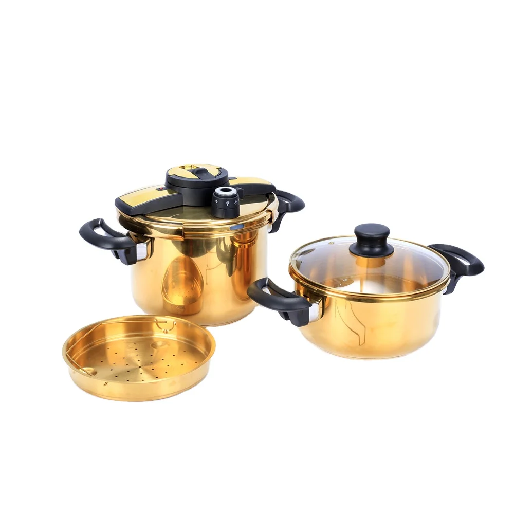 Hot selling golden stainless steel pressure cooker, steam lattice, glass lid 5L+7L/4L+6L,Cookware Sets, 60-100kpa