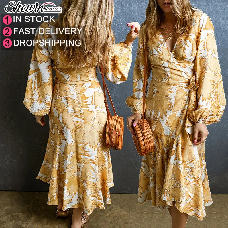 Quanzhou V Neck Wrap Lace Up Bubble Sleeve Ladies Casual Floral Dresses Women