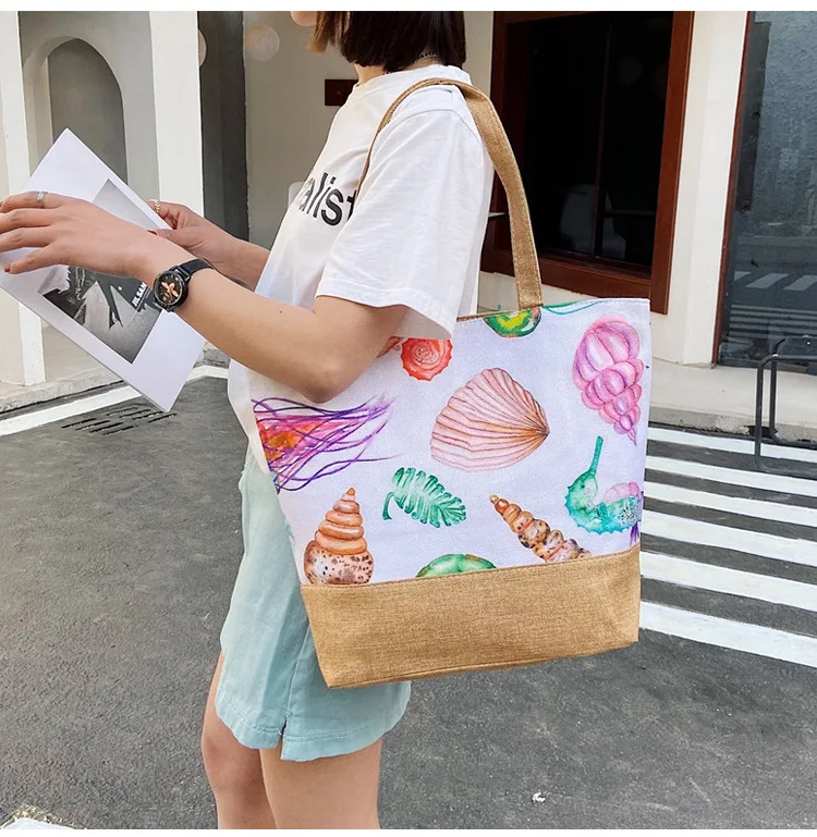 China Factory Canvas Gift Handbag Tropical Print Souvenir Tote Beach Bag