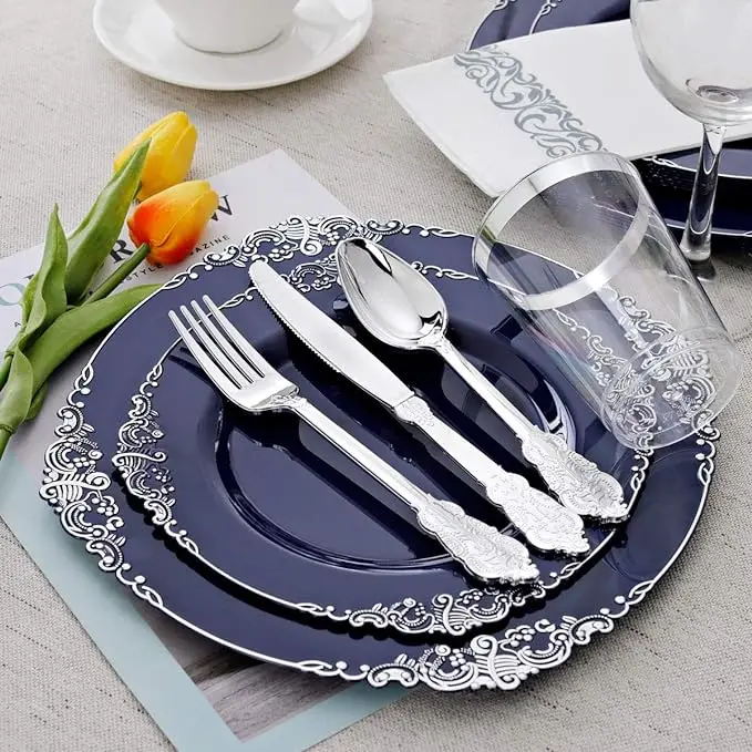 350pcsRose Gold Disposable Plates include 50Dinner Plates 50Dessert Plates  50 Napkin Cutlery 50Cups for Weddings & Parties