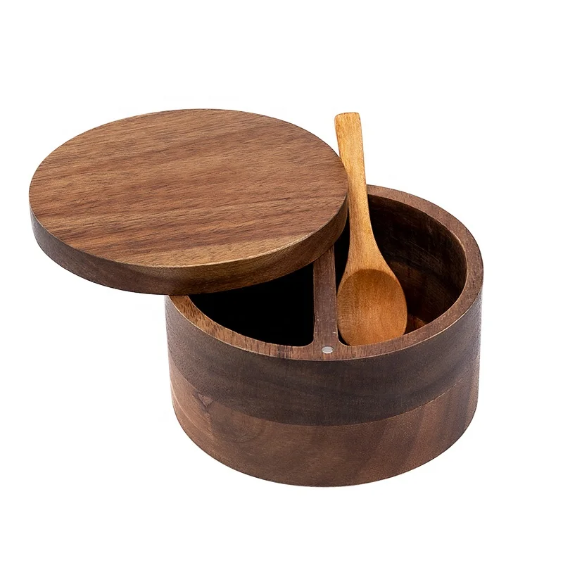 Spice Condiment Holder Wooden Spice Box 2 Compartment Salt and Pepper Cellar Wood Spice Bowls With Lid & Spoon