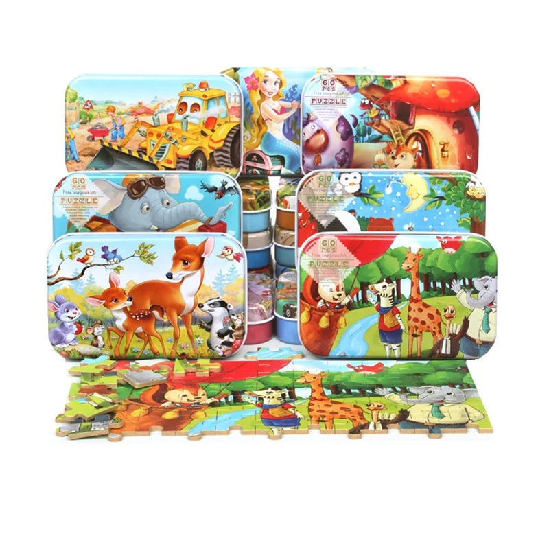 Educational Toy Iron Box Jigsaw Puzzles Cartoon Toy Iron Box 60 Pcs Wooden Cartoon Jigsaw Puzzle