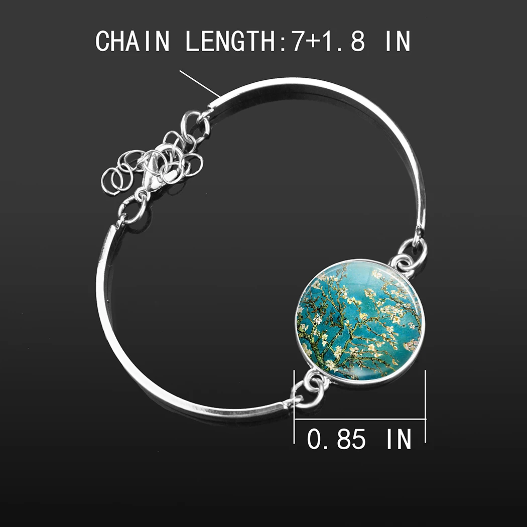 Van Gogh Art Oil Silver Metal Bracelet Men Women Fashion Glass Cabochon Dome Convex Starry Night Jewelry Sunflower Fashion Gift
