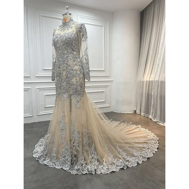 Noblebride Modest Heavily Beaded Wedding Dresses Custom White Sparkly Beaded Luxury Mermaid Long Sleeve Wedding Dress