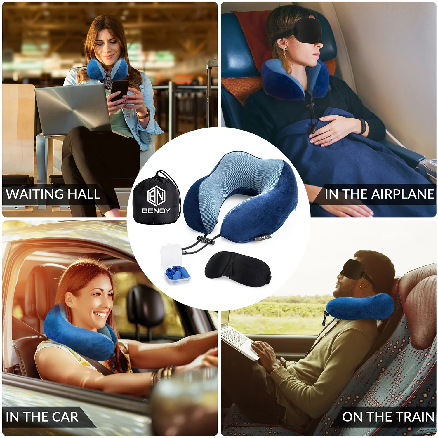 Hot sale Amazon airplane memory foam neck head pillow travel set kit with eye mask